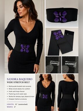 Sandra Baquero Black Wide Stretch Belt Purple Faceted Gem Accent 31" x 4"